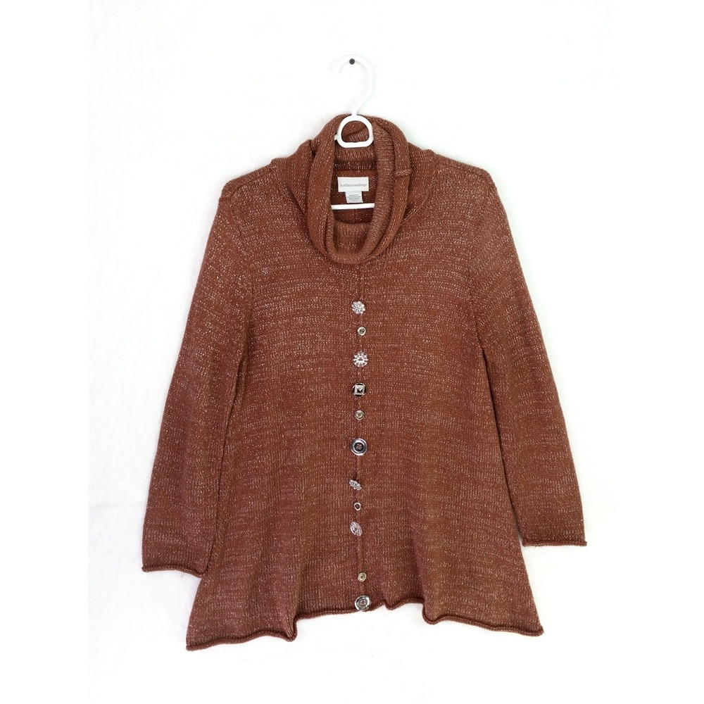 Soft Surroundings Mock-Neck Rhinestone Knit Sweater Brown Top Sz Medium / Large